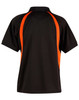 A black polo shirt featuring orange accent stripes, designed as a men's sporting garment. It includes a collar and has a logo.