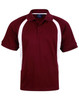 A maroon polo shirt with white side panels and a collar, featuring a logo on the front.