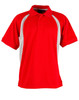 A red polo shirt featuring white side panel accents and a collar. The shirt includes a logo on the chest area.