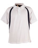 A men's polo shirt in cream with black side panels and a collar, featuring a logo.