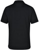 A back view of a black polo shirt featuring a collar and short sleeves, with a logo on the fabric.