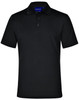 A black polo shirt with a buttoned collar and short sleeves, featuring a logo on the chest.