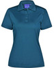 A teal ladies' polo shirt featuring a classic collar and three button placket, with a logo on the chest.