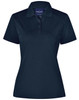 A navy blue ladies' polo shirt with a collar, short sleeves, and a button-up front. It features a logo on the chest.