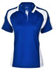 A blue and white ladies' polo shirt with a collar and short sleeves, featuring a logo on the upper part.