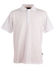 A white men's polo shirt featuring short sleeves and a three-button placket. It has a logo on the chest.