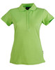 A green ladies' polo shirt with a zip collar and short sleeves, featuring a logo on the front.