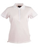 A ladies' polo shirt in white with a contrasting collar, featuring a logo.