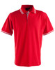 A red polo shirt with white stripe detailing on the collar and sleeves, featuring a logo on the chest.