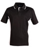A black and white Men's TrueDry Contrast short-sleeve polo shirt with a collar and buttons, featuring a logo.