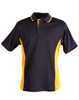 A black and yellow men's polo shirt with short sleeves and a collar, featuring a logo on the chest.
