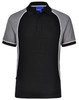 A black and grey tri-colour polo shirt with short sleeves and a collar, featuring a logo.