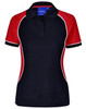 A tri-colour ladies' polo shirt in black, red, and white with a collar and short sleeves. It features a logo.