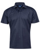 A navy short-sleeved polo shirt featuring a collar and a logo on the label.