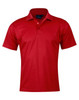 A red short-sleeve polo shirt with a classic collar and a logo on the upper left side.