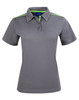 A grey ladies' short sleeve polo shirt with contrasting green detailing and a logo.
