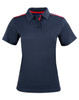 A navy ladies' short sleeve polo shirt with red contrast details and a logo on the chest.