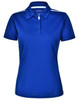 A blue ladies' short sleeve polo shirt with contrasting details and a logo on the collar.