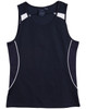 A navy singlet featuring white accents and mesh detailing, designed for ladies. It includes a logo.