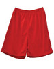 Red adults' basketball shorts featuring a breathable fabric, designed for sports activities. Includes a logo.