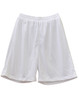 White adults' basketball shorts with a mesh fabric and an elastic waistband, featuring a logo on one side.