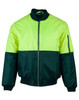 A hi-vis two-tone flying jacket in bright yellow and dark green with zippered pockets and a logo.