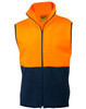 A two-tone polar fleece vest in high-visibility orange and navy blue, featuring a front zip and a collar.
