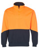 A Hi-Vis long sleeve windcheater collar in bright orange and navy, featuring a zip and a logo.