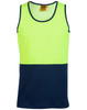 A Hi-Vis safety singlet featuring a bright yellow upper section and a navy blue lower section, with a tag inside.