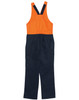 Two-tone men's overalls featuring an orange top and navy bottom, designed with adjustable straps and multiple pockets.