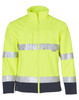 A bright yellow two-tone safety jacket with 3M reflective tape and a navy blue bottom section. It features a zip front and a logo.