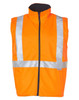 A reversible safety vest in bright orange with reflective silver 3M tapes and a zippered front.