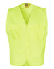 A bright yellow high-visibility safety vest featuring multiple pockets and a front zipper, with a logo.