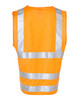 An orange hi-vis safety vest featuring reflective silver tape and an ID pocket, designed for safety wear.