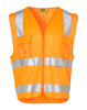 An orange hi-vis safety vest featuring reflective tapes and an ID pocket. Includes a branded logo.