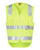 A bright yellow safety vest with reflective silver tapes and multiple pockets, featuring a logo.