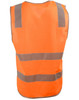 An orange safety vest featuring shoulder reflective tapes, designed for visibility and safety. Includes a logo.