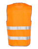 An orange safety vest featuring reflective tapes, designed for visibility and safety. The vest has a logo.