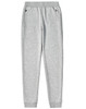 Grey poly/cotton terry sweat pants with two side pockets and ribbed cuffs. Features a logo.