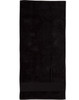 A black terry velour beach towel measuring 75x150 cm, featuring a simple design and a logo.
