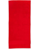 A red terry velour beach towel measuring 75x150 cm, with a solid colour design and a logo.