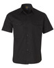 A black short-sleeved cotton work shirt featuring two chest pockets and a logo.