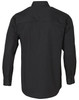 A long-sleeve cotton work shirt in black with a logo on the back.