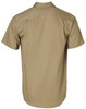 A khaki short sleeve work shirt featuring a relaxed fit and a back yoke design, with a logo present.