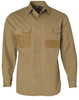 A long sleeve work shirt in khaki with dual chest pockets and a logo. Suitable for workwear.