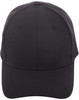 A black runner's cap with a 4-way stretch design and laser-cut ventilation details, featuring a logo.