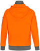 A bright orange hoodie with a grey underside, featuring a hood and side pockets. It has a logo on one sleeve.