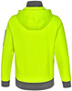 A bright yellow two-tone hoodie with a grey bottom and a hood, featuring a logo on the sleeve.