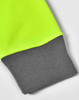A close-up of a Hi-Vis premium fleece two-tone hoodie featuring bright yellow and grey colours. It has a logo.