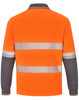 A long-sleeved, unisex safety polo shirt in orange and grey with reflective stripes and a logo.